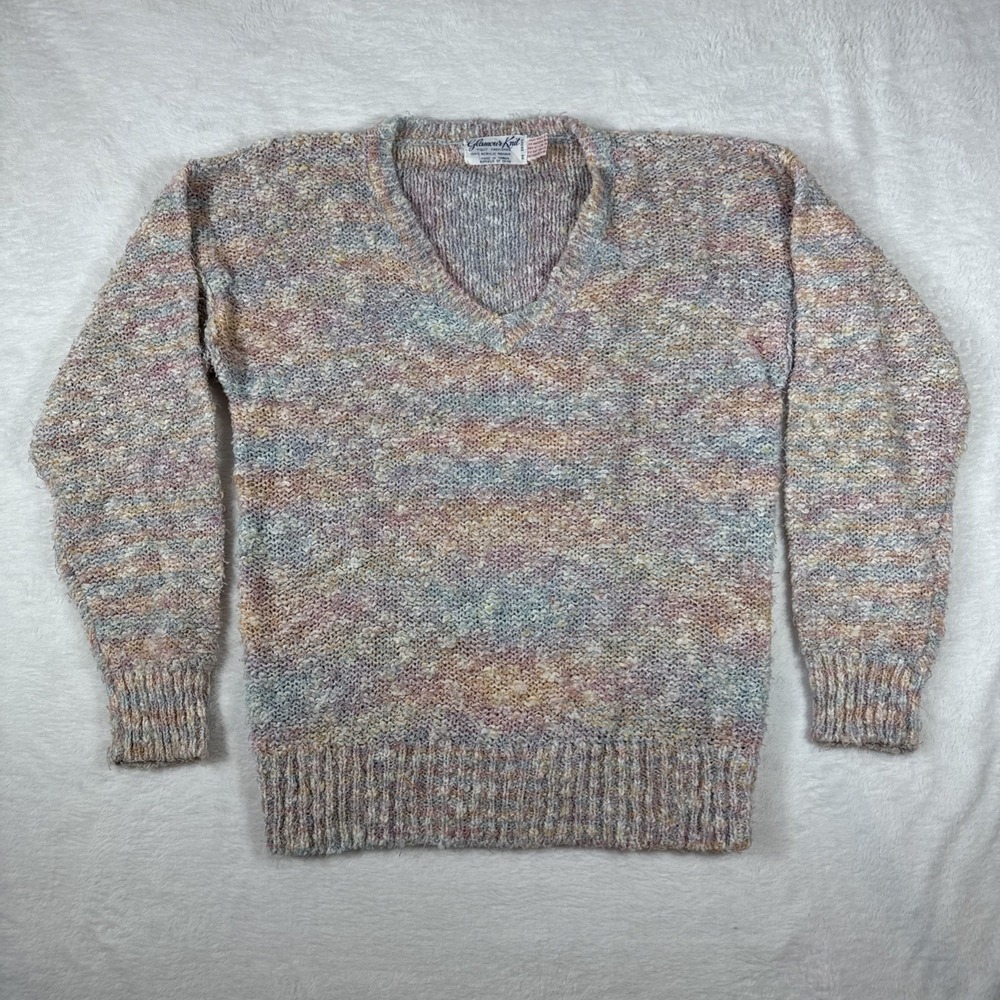 Vintage‎ 80s Acrylic Mohair Multicolor Glamour Knit V-Neck Long Sleeve Sweater M
